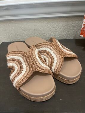 Marc Fisher Woven Slide Sandals in Tan and Cream